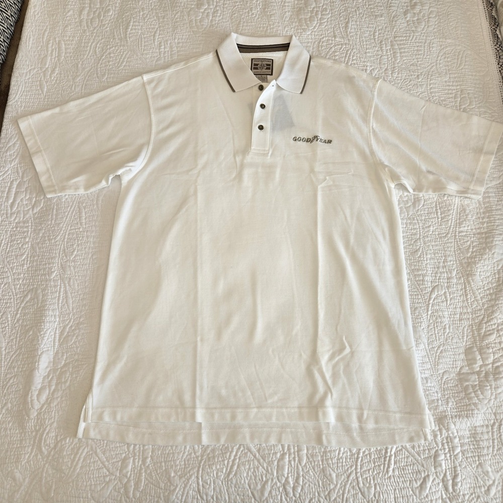 Destinations Polo Shirt Mens Medium White Goodyear Tires Branded 100% Cotton NWT - Picture 3 of 13